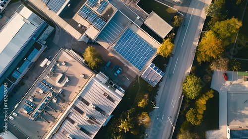 Aerial top down view of solar energy panels park on a factory rooftop collecting green energy from sun in Kaunas Lithuania : Generative AI