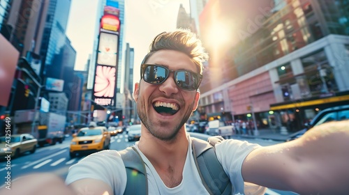 Happy tourist caucasian man having fun taking a selfie at New York city : Generative AI