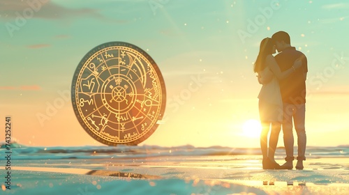 Horoscope compatibility Loving couple on beach and zodiac wheel : Generative AI