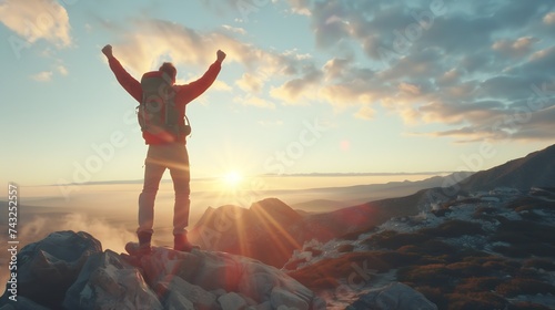 Hiker with backpack raising arms up on the top of the mountain Successful man celebrating victory : Generative AI