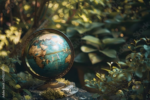 Gold and Blue Globe in Lush Green Garden with soft warm light.