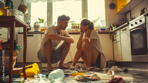 Angry evicted couple worried moving house sitting on the floor in the kitchen : Generative AI