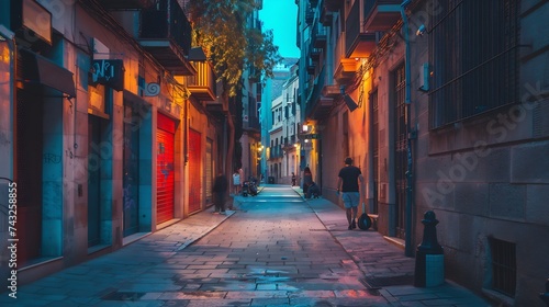 Pedestrian street of European city at night Sant Adria de Besos Barcelona : Generative AI