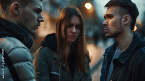 Disloyal woman looking another man and her angry boyfriend looking at her on the street : Generative AI