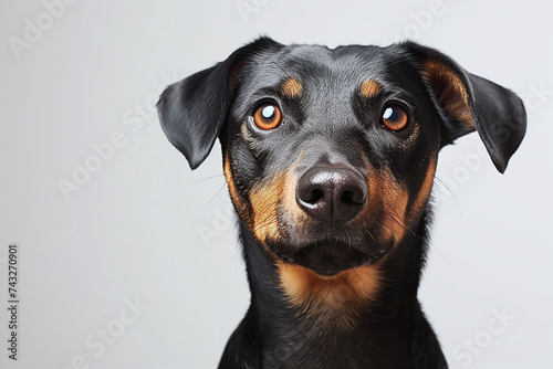 Black and tan dog with expressive eyes. Studio pet portrait with a plain light background. Animal emotions and pets concept. Design for pet care services, animal training, and dog lover posters
