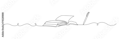 One continuous line drawing of Opened book with pen. Education in school and library studying in simple linear style. Writing draft business in Editable stroke. Doodle contour vector illustration