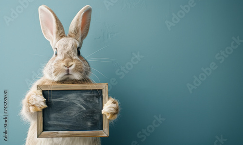 An adorable anthropomorphic gray Easter bunny holding a black chalkboard against a blue background, for writing messages, restaurant menu.empty frame.