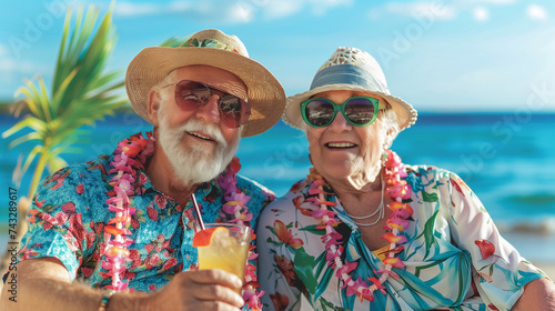 Joyful senior couple with tropical leis and drinks at beach, vibrant Hawaiian vacation vibe.