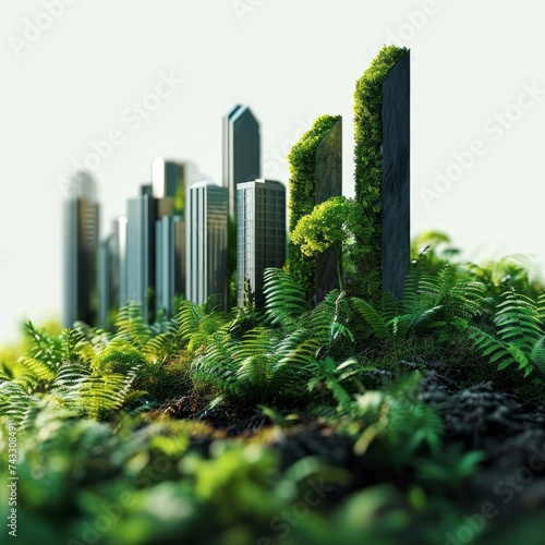 Bar chart with city and lush greenery environmental sustainability climate change, global warming concept, Generative AI 