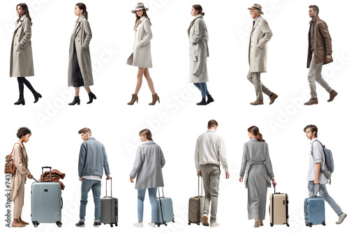 冬の街を歩く人とスーツケースを持った人の切抜き素材集（背景透過）