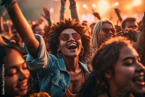 Diverse, energetic group of millennials dancing with joy and excitement at a lively music festival, epitomizing youth and fun, Generative AI 