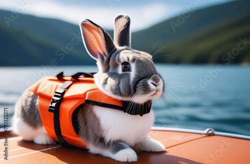 rabbit wearing a life jacket on a boat 