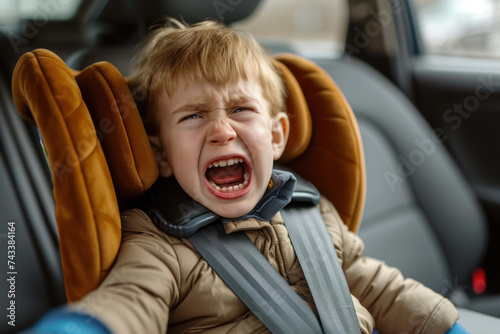 child refusing to get into his car seat. He is crying and struggling, expressing his dislike for the confinement of the car seat