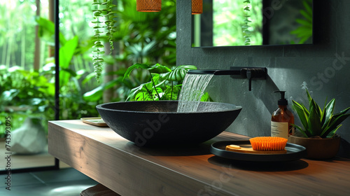 A modern black granite sink with a seamless waterfall edge is perfectly complemented by a minimalist matte black faucet creating a stunning statement piece in a sleek bathroom