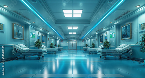 Modern hospital corridor with blue lighting, benches, and framed pictures on the walls.