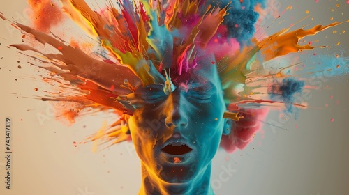 Head exploding with vivid colors symbolizing a burst of creativity in 3D clean visualization