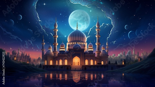 An enchanting illustration of a mosque adorned with intricate geometric patterns and vibrant colors