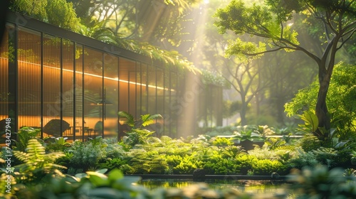 Architecture image with a modern glass building with nature backgrounds