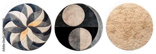 A set of round soft carpets in gray and beige colors. Isolated on a transparent background.