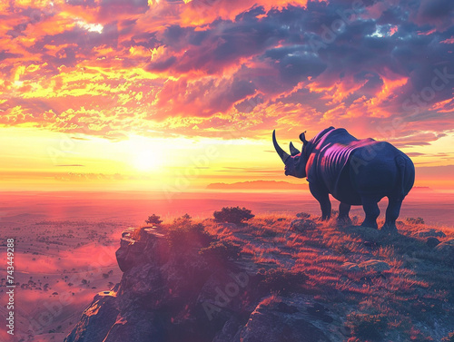 Archetypal heros journey depicted as a lone rhino facing the horizon during a vibrant sunset symbolizing courage