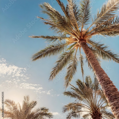 palm tree in the wind, A nostalgic view of palm trees against a blue sky, tropical paradise vintage vibes, relaxation wanderlust, retro charm, Olivia Summers,