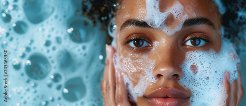 Beautiful black girl wash her face with cleansing face foam. young woman looking at camera. Concept of face skin care. horizontal isolated on blue water background. Studio shoot.