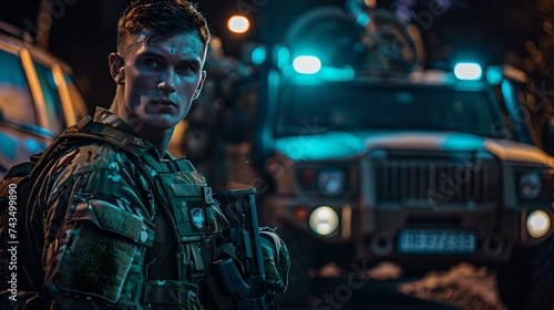 Soldier in combat gear at night near a military vehicle. dramatic and intense atmosphere. ideal for action-themed uses. AI