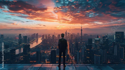 Businessman standing on a roof and looking at city