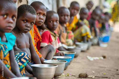 Children hunger and poverty concept. Children sitting in line for food.