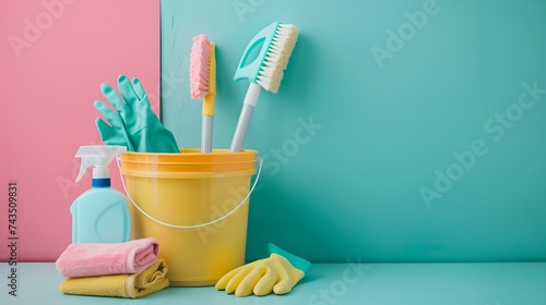 Bright cleaning supplies on a turquoise background for housekeeping. simple and neat composition. ideal for ads and tutorials. AI