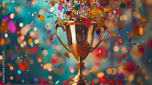 A gleaming gold winners trophy cup takes center stage, surrounded by a festive explosion of colorful celebration confetti and sparkling glitter, symbolizing victory and success in a competition.