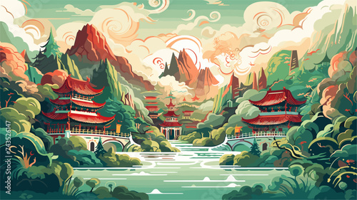 Abstract mountainous region with pagodas and dragon dance performances. simple Vector art