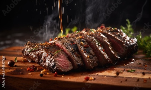 Savory Slices: A Mouthwatering Steak Being Precisely Cut on a Wooden Board