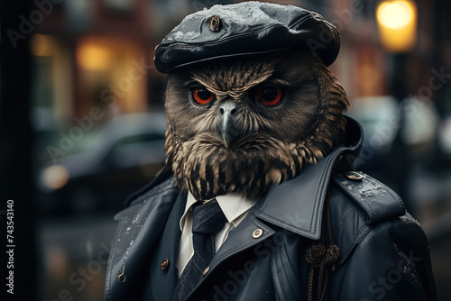 Owl wearing a police uniform, leather jacket, portrait style.
