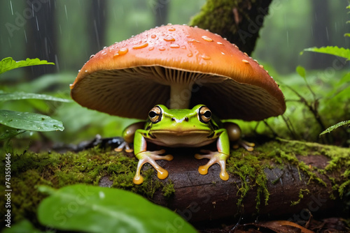 A serene frog shelters under a large mushroom as rain gently falls around it, creating a peaceful scene in a vibrant, lush forest setting.Animal behavior concept