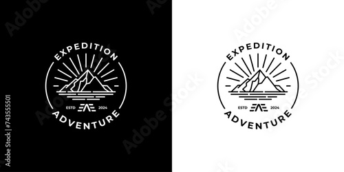 Mountain emblem logo design template. Minimalist line art adventure sun and sea logo vector.