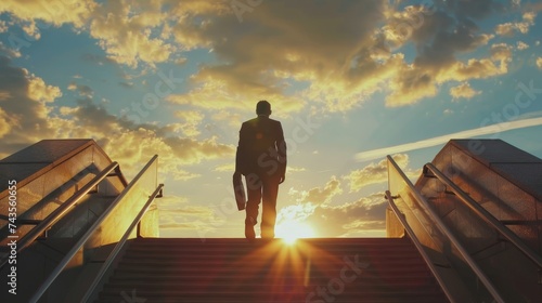 Rear view of a businessman climbing stairs to get to a large city center.