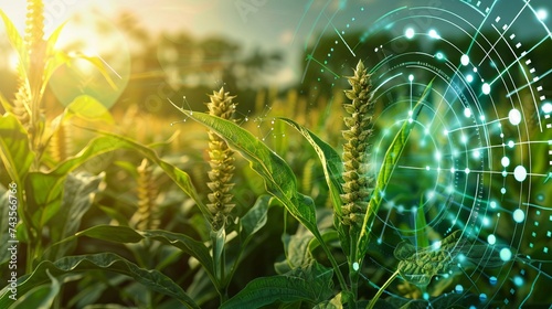 An image zooming in on a genetically modified crop with built-in pest resistance, demonstrating biotechnological solutions for sustainable agriculture and food security.