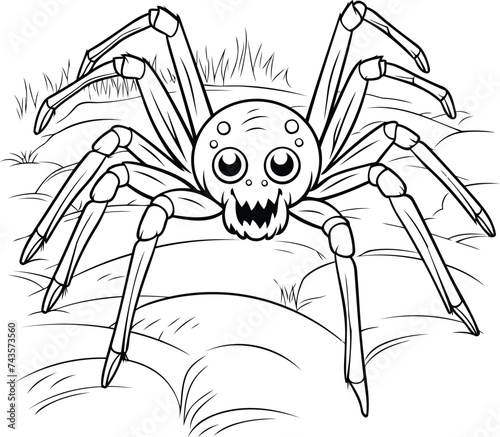 Black and white spider on the grass. Vector illustration for coloring book.