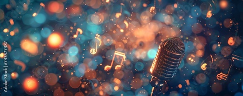 Glowing music sheets notes with microphone on beautiful lights bokeh background.