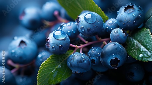 Macro shot of blueberries with water droplets on vibrant leaves.