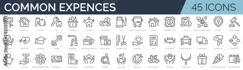 Set of 45 outline icons related to common monthly expenses. Linear icon collection. Editable stroke. Vector illustration