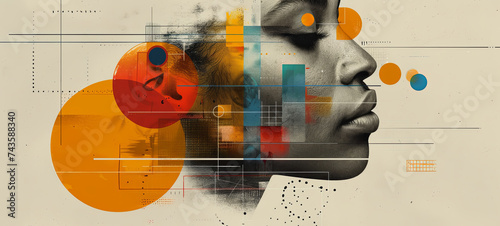 Minimalist print style collage poster, Abstract grunge backdrop, Retro futuristic graphic design style.