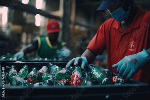 Employees worker hands in gloves sorting plastic bottles and glasses on recycling conveyor