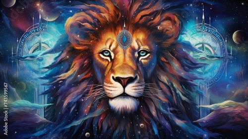 Majestic lion faced deity radiating divine energy set against a backdrop of cosmic stars
