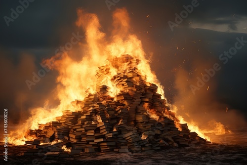 Burning books. A large pile of books burns on fire in nature