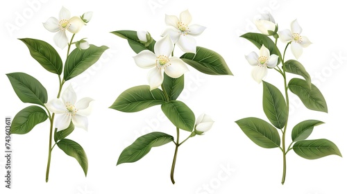 set of jasmin branches with flowers isolated on white background, generative ai