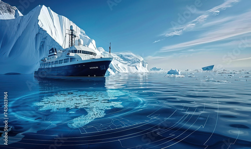 Polar exploratory ship conducting bathymetry and generating seabed maps using sonar technology. Seabed scans and mapping, underwater scanning, ocean topography, maritime and marine science