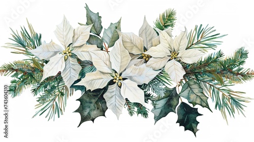 Watercolor christmas flowers arrangement. White poinsettia, branches of spruce and winter greenery for greeting cards and invitations. Winter wedding floristic design., generative ai
