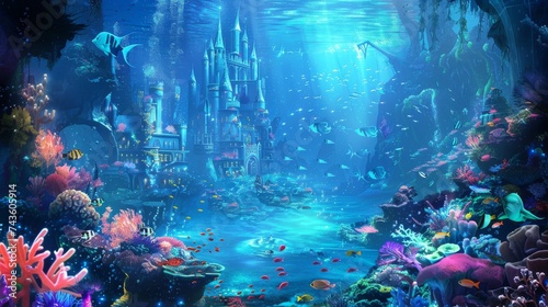 An enchanting underwater scene featuring a mystical castle surrounded by diverse marine life and vibrant coral reefs.